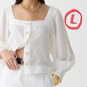 J Crew Linen Puff Sleeve Squareneck Top - L